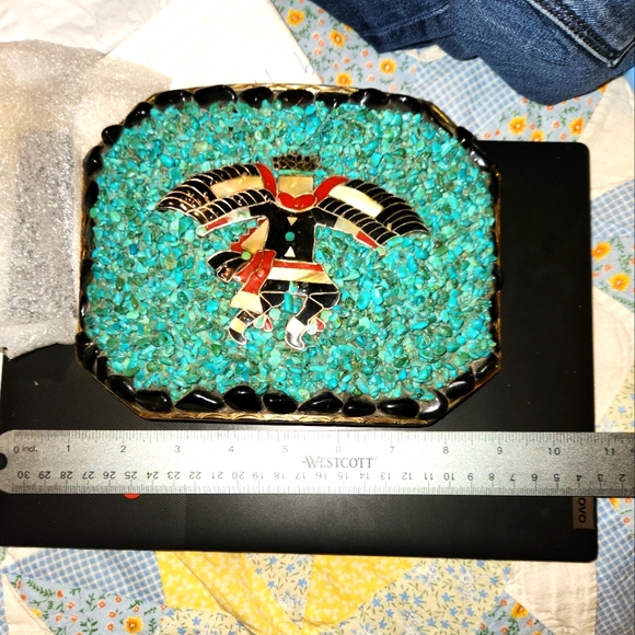 RARE Navajo Begay Knifewing Silver Turquoise ApacheTears Pearl Belt Buckle Art - Picture 3 of 8